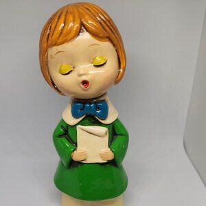Vintage Christmas Chalk Ware Caroler Green Smock Made in Japan New in Box